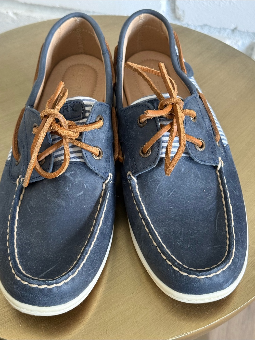 Sperry Navy Leather Boat Shoes with Tan Laces